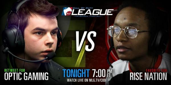 MLG's tweet image. Tune in tonight at 7pm EST to watch @OpTicGaming vs @TheRiseNation on mlg.to/CoDProLeague! RT OpTic - FAV for Rise