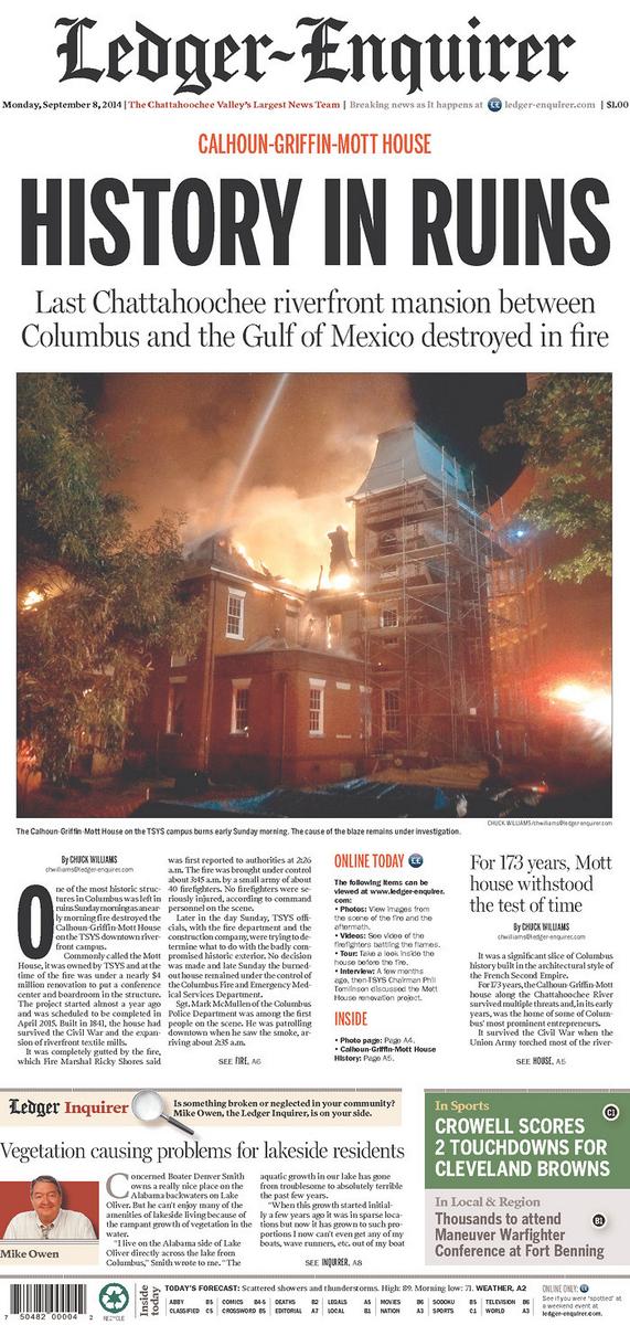 PaulMSparrow1's tweet image. History in Ruins. Fire destroys historic house. Dramatic front page from .@LedgerEnquirer Mott House.