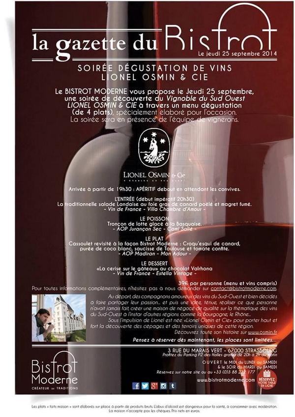 jeudi #25septembre au <a href="/BistrotModerne/">Bistrot Moderne</a> 
Découverte des  <a href="/VinsSudOuest/">Lionel Osmin & Cie</a> <a href="/OsminCie/">Lionel Osmin et Cie</a> avec un #menu #degustation  #vigneron