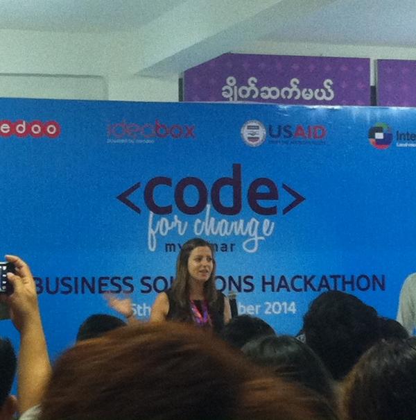 Code4ChangeMM's tweet photo. Tx Nat MT @russelloli: @hola_nat presents #designthinking to keen #myanmar hackers tackling biz probs at #BizHackMM http://t.co/5L9p0ANaNb
