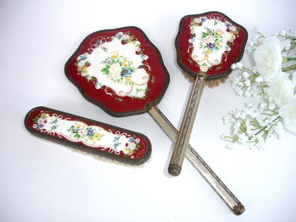 Vintage Dressing Table Vanity Set Red Hairbrush Clothes Brush Mirror British by FillyGumbo (50.00 USD)