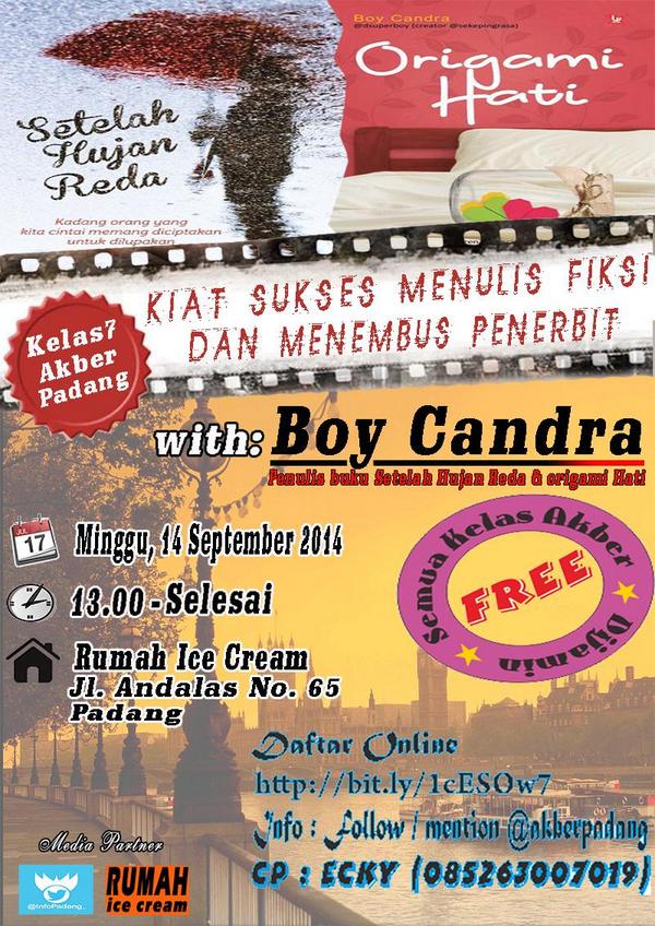 eckycalm's tweet photo. #kls7 @AkberPadang 'skses menulis fiksi w/ boy candra|minggu,14/9/14|@rumaheskrim andalas|dftr http://t.co/v6GJoiiGDI http://t.co/85u0ZjNeIo