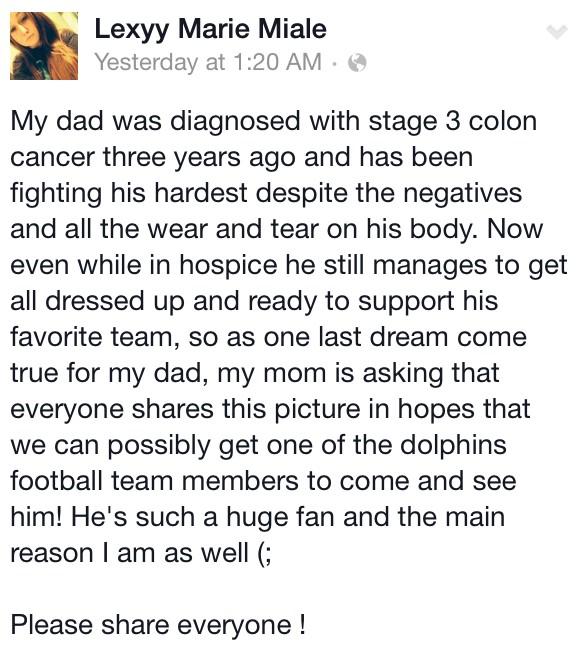 Kathrineee's tweet photo. Let's help spread her &amp; her dad's story, #Dolfans! @MiamiDolphins https://t.co/IQXZidFSib http://t.co/nKfkTbWqZB