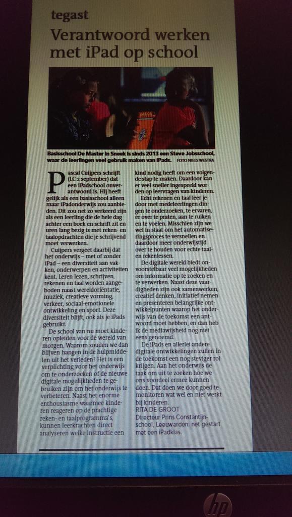 Rita de Groot van de <a href="/PCSlwd/">IKC Prins Constantijn</a> vandaag te gast in de <a href="/lc_nl/">Leeuwarder Courant</a> over verantwoord werken met #iPads. #mogelijkheden