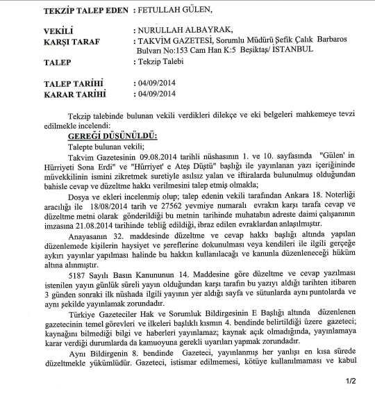 fgulenav's tweet photo. Yine Takvim, yine YALAN... "Gülen'in Hürriyet'i Sona Erdi" başlıklı haber hakkında da tekzip kararı verildi. http://t.co/msyAtnXu6W