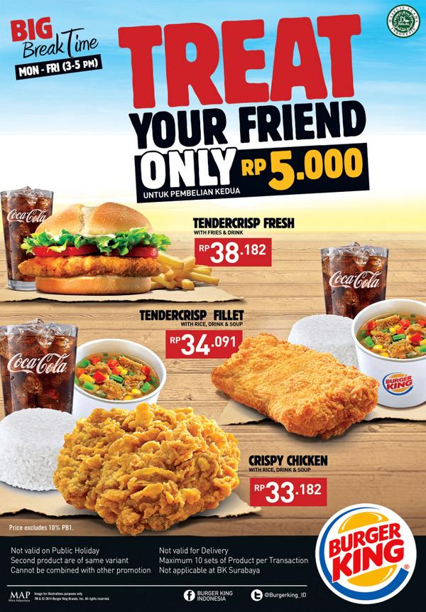 BurgerKing_ID's tweet photo. Sekarang saat yang tepat untuk traktir temanmu. Cuma tambah 5 ribu, temanmu bisa memiliki paket yg sama dgn kamu! http://t.co/2hj9OpUQv5
