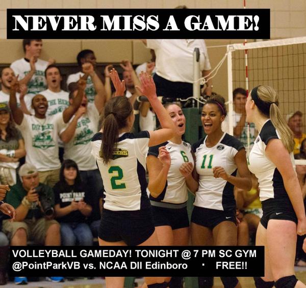 PointParkSports's tweet photo. PIONEERS GAMEDAY! 7 PM @ SC GYM. @PointParkU #PointPark @pointparkvb #PPU18 http://t.co/VnrbJUmsJX
