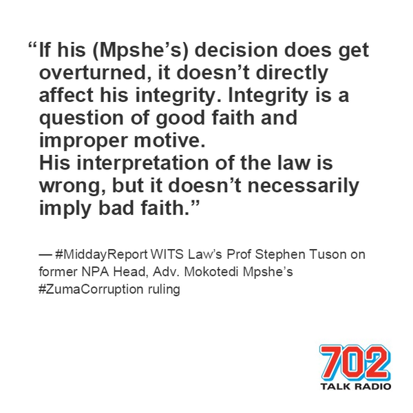 Radio702's tweet photo. [LISTEN] #MiddayReport WITS's Prof Stephen Tuson on Mpshe's decision on #ZumaCorruption http://t.co/Ez6fWmjfmj http://t.co/42IT6PRnay