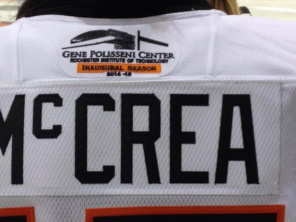 The new <a href="/PolisseniCenter/">Polisseni Center RIT</a> logo on the back of the <a href="/RITWHKY/">RIT Women's Hockey</a> jerseys with @KolbeeMcCrea. #RIT #RITNEWS