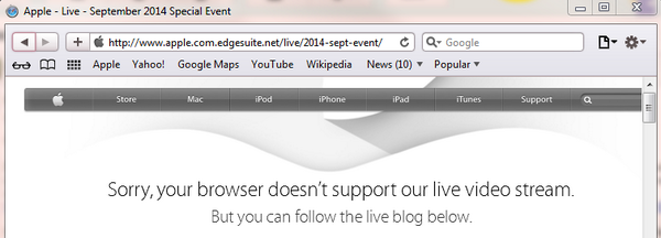 erabramson's tweet photo. @APPLEOFFIClAL is telling me I can't watch their livestream because my Safari browser doesn't support it...? http://t.co/wkureixtTa