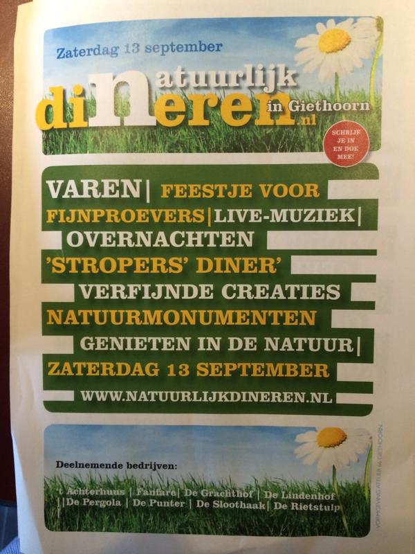 : Nog een paar plaatsen voor aankomende zaterdag natuurlijk dineren geef je snel op natuurlijkdineren.nl