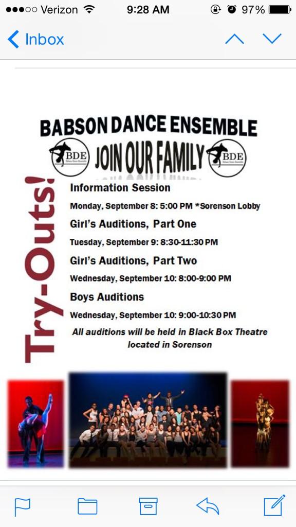 BabsonDance's tweet photo. Happy Tuesday! Just a reminder that day one of auditions are today! Hope everyone has a wonderful day! http://t.co/1sm82miI1p