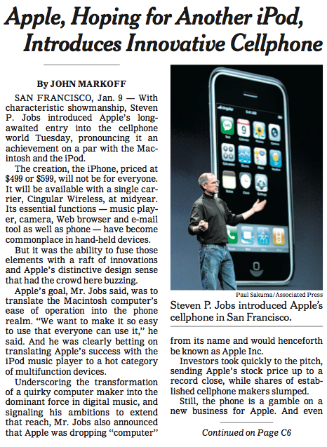 NYTArchives's tweet photo. New iPhones are expected today, but we prefer looking back at the first. From 2007: http://t.co/y3TIVXHOUi http://t.co/K23bOpGC7T