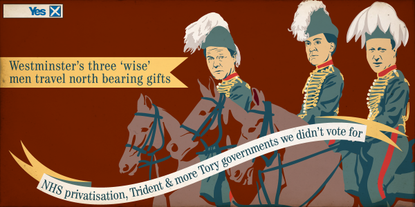 YesScotland's tweet photo. Westminster’s 3 'wise' men travel north with gifts: private NHS, Trident &amp; govts we didn’t vote for #VoteYes #indyref http://t.co/lkGn835UJX