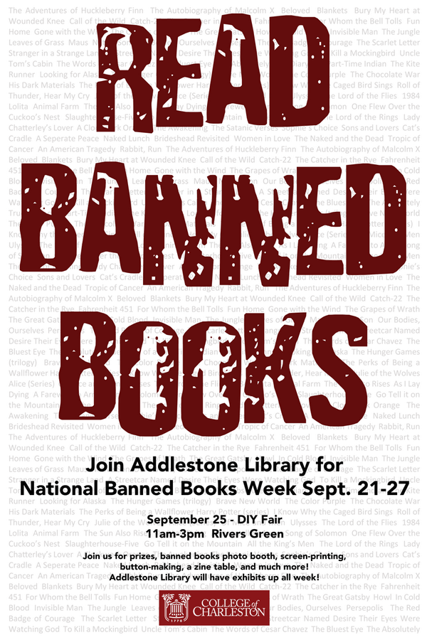 CofCFabienM's tweet photo. RT @CofCLibraries: @CofC Join Addlestone Library for National Banned Books Week Sept. 21-27! https://t.co/jGo42fMM8D http://t.co/Df04EH9AP3