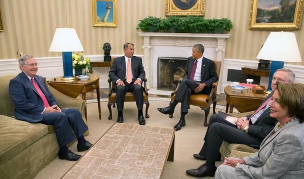 Pres #Obama at top of closed meeting w Sen. McConnell, Speaker Boehner, Sen Reid and Rep. Pelosi,  re ISIL threat.