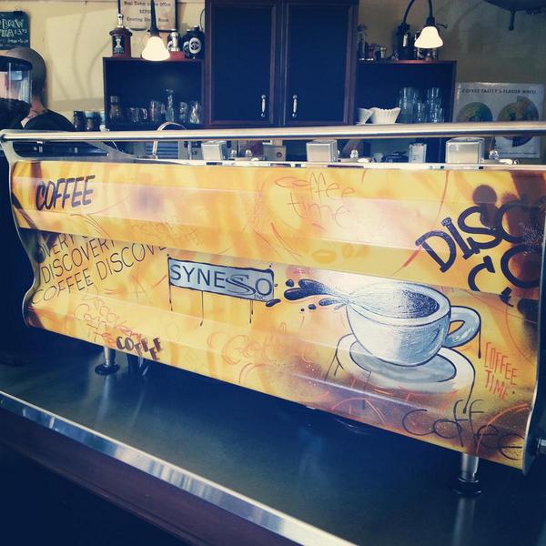 DiscoveryCoffee's tweet photo. Our @SynessoFactory #downtown got a face lift courtesy of #dobelldesigns and we absolutely love it! #coffeeandart http://t.co/iJwTL5Bvsy