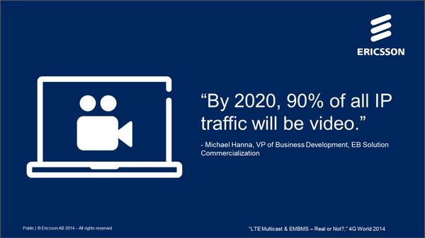 EricssonNA's tweet photo. “By 2020, 90% of all IP traffic will be video.” – Michael Hanna #4GWorld @4GWorld #SuperMobility http://t.co/HrXNJC0KKu