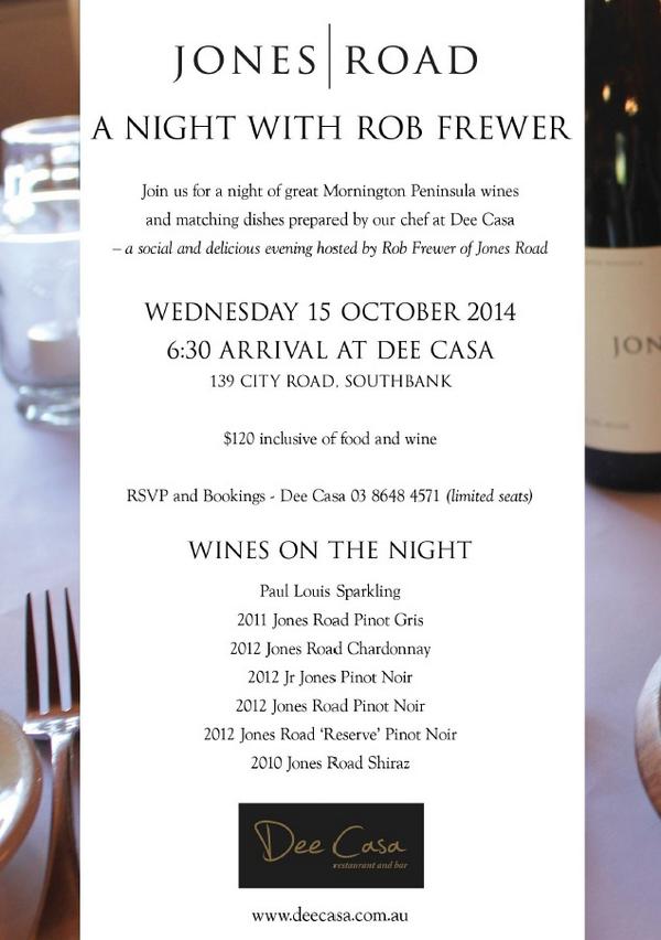 Join us for a social and delicious wine dinner with <a href="/robfrewer/">jones road</a> from Jones Road with matching dishes by Dee Casa