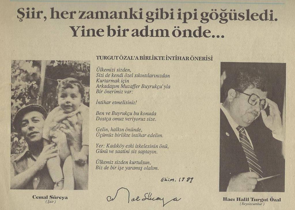 1989'da Cemal Süreya'dan Turgut Özal'a; "Ülkemizi sizden kurtarmak önerisi: Beraber intihar edelim!"