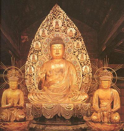 京都・三千院/阿弥陀如来及両脇侍像(1148年)】中尊は像高233cm。彫眼