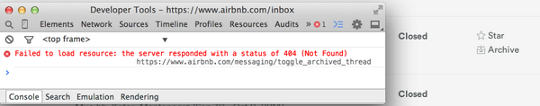 jravenwolfe's tweet photo. @Airbnb There appear to be JS errors on the Inbox page for the 'Archive' and 'Unstar' actions. http://t.co/HYUU4mljwN