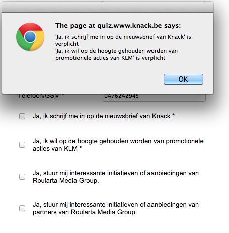 Fout van @knack om te verplichten in te schrijven op nieuwsbrieven vooraleer je mag deelnemen aan hun wedstrijd