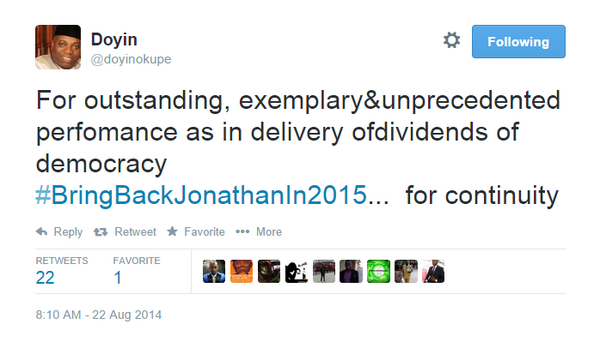 YNaija's tweet photo. The Presidency says it wasn’t aware of #BringBackJonathanIn2015 … but, Doyin Okupe... http://t.co/lkTHqeRdcU http://t.co/qnFE1ZEL6Y