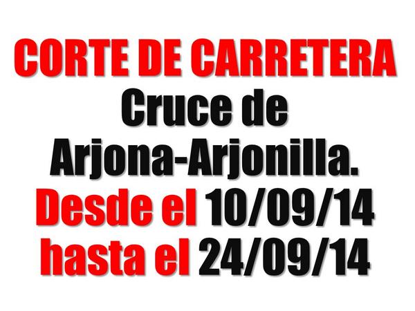 AytoArjona's tweet photo. URGENTE: Carretera Arjona-Arjonilla CORTADA por obras hasta el 24 de septiembre. Alternativa: Cortijos de Santigo. http://t.co/tzOypz08Ei