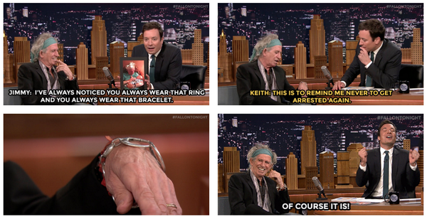 FallonTonight's tweet photo. Keith Richards (@officialKeef) reveals the mystery behind his never-changing jewelry https://t.co/qyg2UmY6qv http://t.co/607W8vabAX