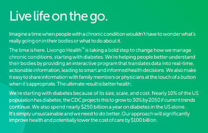 Livongo's tweet photo. Hi, we’re Livongo Health. We’re here to change #healthcare and how people manage chronic conditions like #diabetes. http://t.co/OJJxVPqu5J