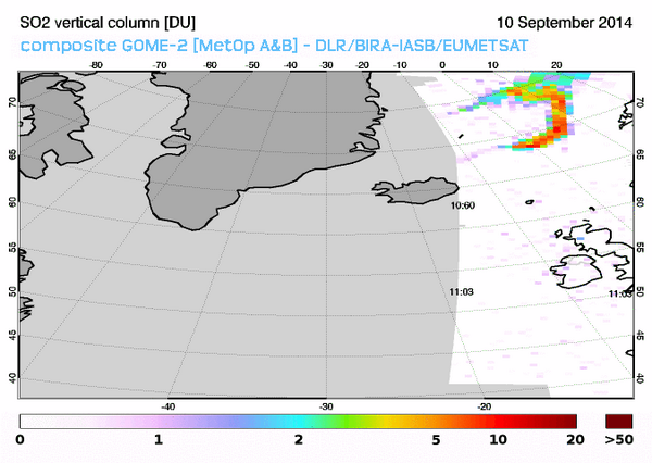 eumetsat's tweet photo. Sulphur dioxide detection from Metop on Wednesday via SACS http://t.co/FzllkjNnZ3 #Holuhraun #Bardarbunga http://t.co/Q0QlKeXkKu