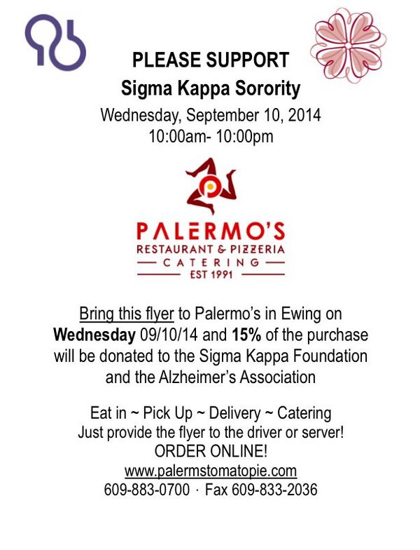 SigmaKappaTCNJ's tweet image. Stop by Palermo&apos;s today until 10PM &amp;amp; bring this flyer! 15% of your purchase will be donated to help #EndAlz! #UVweek