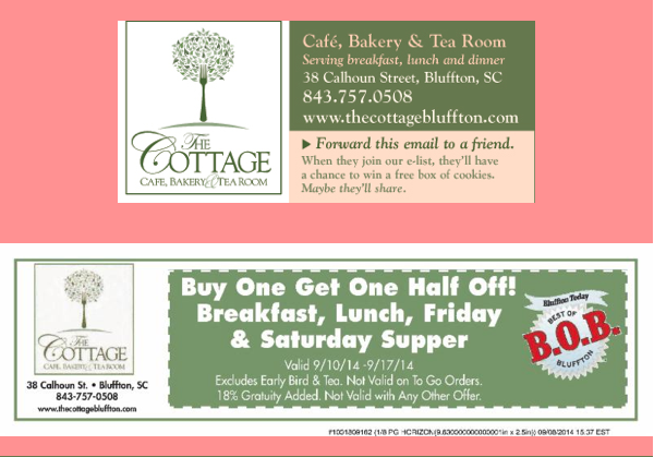 COTTAGEBLUFFTON's tweet photo. buy 1 get 1 @ 1/2 off! Breakfast, Lunch,Fri &amp; Sat Supper.  excludes early bird &amp; tea. not vaild with other offers. http://t.co/WW0cht5lZ8