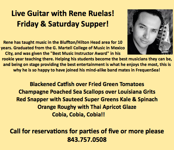 COTTAGEBLUFFTON's tweet photo. Live guitar w/Rene Ruelas! Fri &amp; Sat Supper! Call to reserve for parties of 5 or more people. #thecottagebluffton http://t.co/lpbGJCkEjr