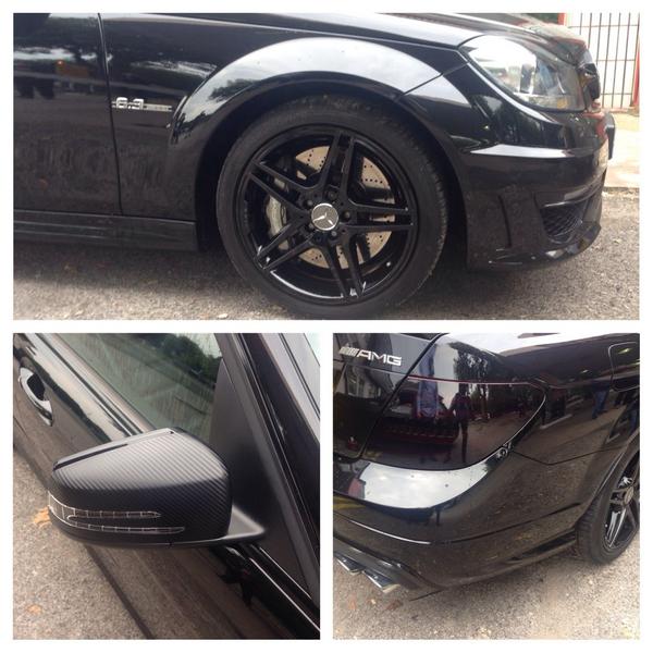 MercedesC63AMG - dechromed front grill & trimmings, carbon fibre wing mirrors, front lip and spoiler, Full rear tints