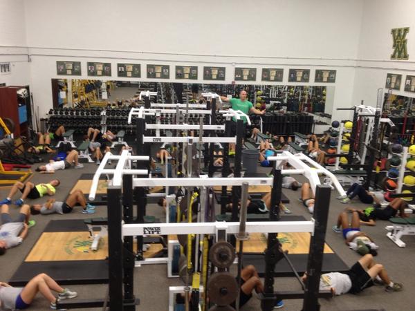 WMTribeXCTF's tweet photo. Coach Josh Miller showing the jumpers and sprinters proactive recovery techniques! #tissueflossing http://t.co/D949gIajV5