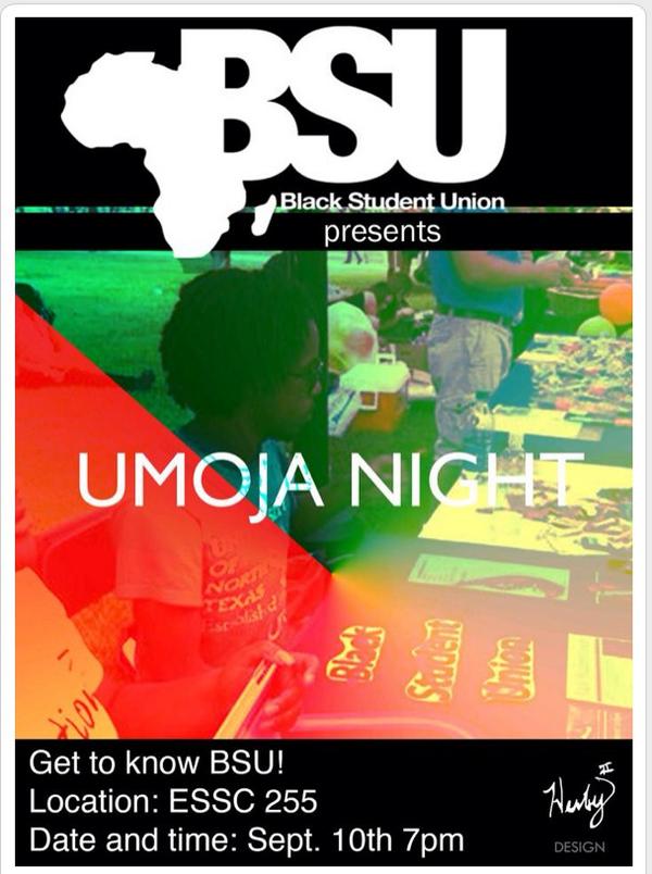 untBSU's tweet photo. #UmojaNight is TONIGHT!! Come out and see how you can get involved with organizations under BSU! http://t.co/SwezadsQVn
