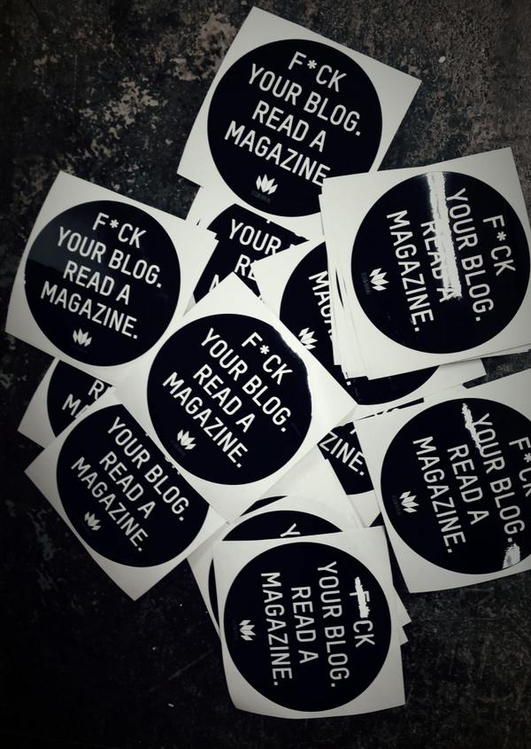 ALARMpress's tweet photo. F*ck your blog, read a magazine. Lovin our stickers @stickergiant! #DesignBureau http://t.co/3a62TiFCoP