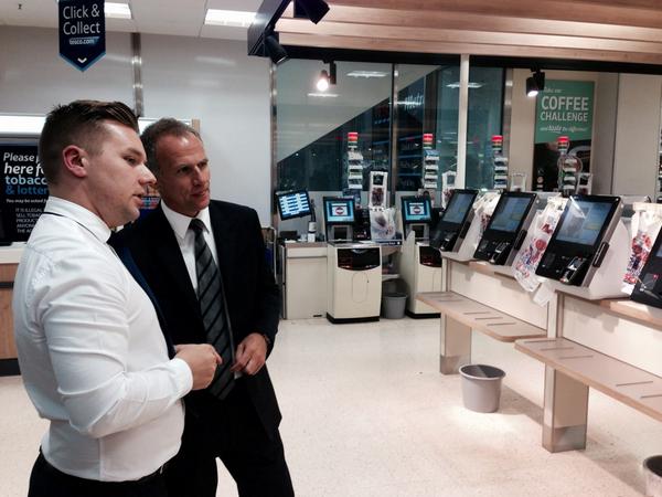 andrewdmy's tweet photo. Great visit to Tesco Canary Wharf. Dave and Mark reviewing the new slimline tills that customers are loving! http://t.co/LmRDXbT1Vk
