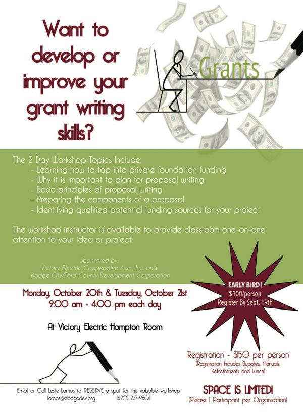 Dodge City DevCorp (@dcdevcorp) on Twitter photo Grant Writing Workshop Coming to Dodge City!!
To Register Call or Email Leslie (620) 227-9501 or llomas@dodgedev.org Grant Writing Workshop Coming to Dodge City!!
To Register Call or Email Leslie (620) 227-9501 or llomas@dodgedev.org