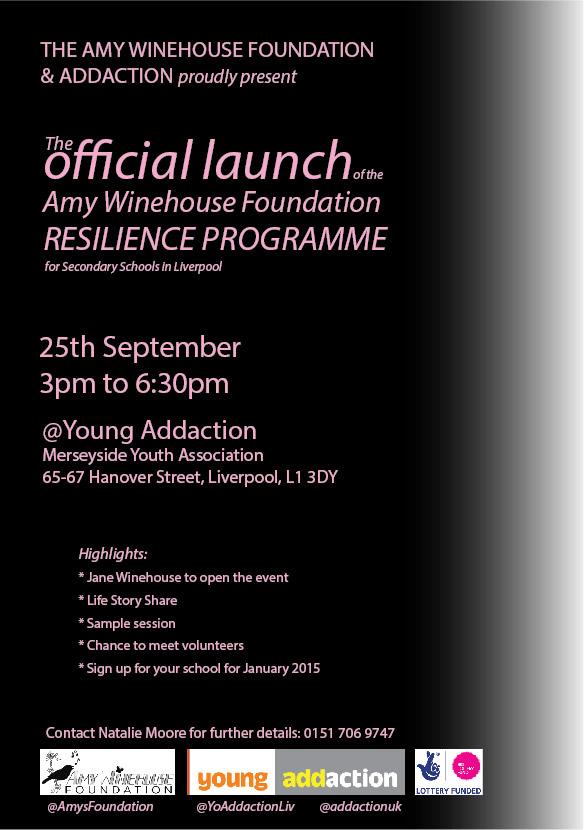 @AmysFoundation #AmyWinehouseFoundation RESILIENCE Launch Event nxt Thursday 25th September . RT to Liverpool schools