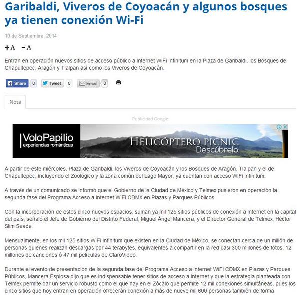 EdgarAGlezRojas's tweet photo. Les comparto la nota publicada por @Radio_Formula @ManceraMiguelMX @GobiernoDF #wifiCDMX #CDMXDigital http://t.co/NvdNZFFSiG