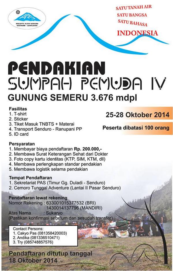 Pendakian Sumpah Pemuda IV. pada tanggal 25 -28 Oktober 2014. Akhir pendaftaran 15 Oktober 2014
" <a href="/stalakto/">Stalakto</a>