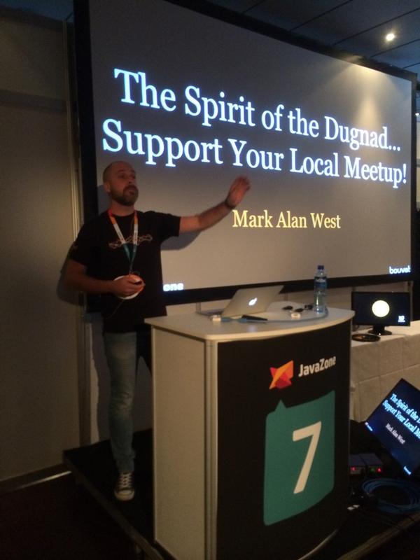 sisomm's tweet image. .@markawest is urging us to save the (community) world with DUGNAD @ #javazone2014