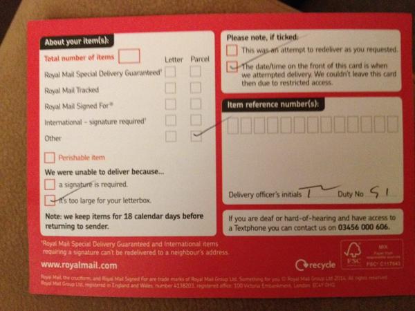 Ravelston89's tweet image. @RoyalMail Here is what was left , with no attempt to ring to see if I was in. #faileddelivery Improvement needed