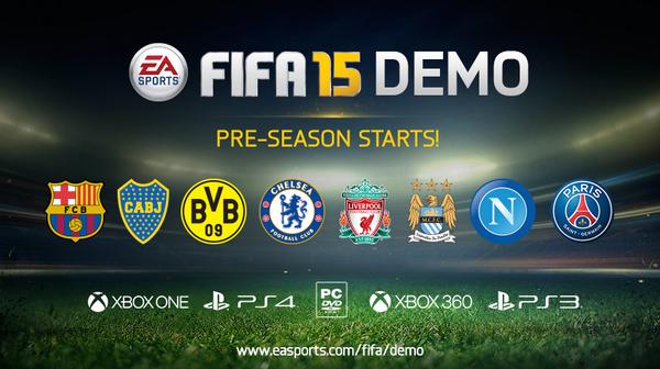EASPORTSFC's tweet photo. The #FIFA15Demo is out worldwide on Xbox One, PS4, PC and Xbox 360 and PS3 - which team will you play as first? http://t.co/HdZQc79DdU