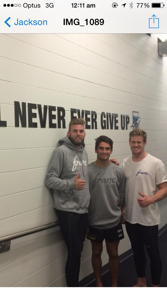 francclothing's tweet photo. Getting behind our boys ahead of their huge game this weekend. @Jacksontrengove @chadwingard20 @twjonas42 #upthepear🍐 http://t.co/XRj9AvOWc3