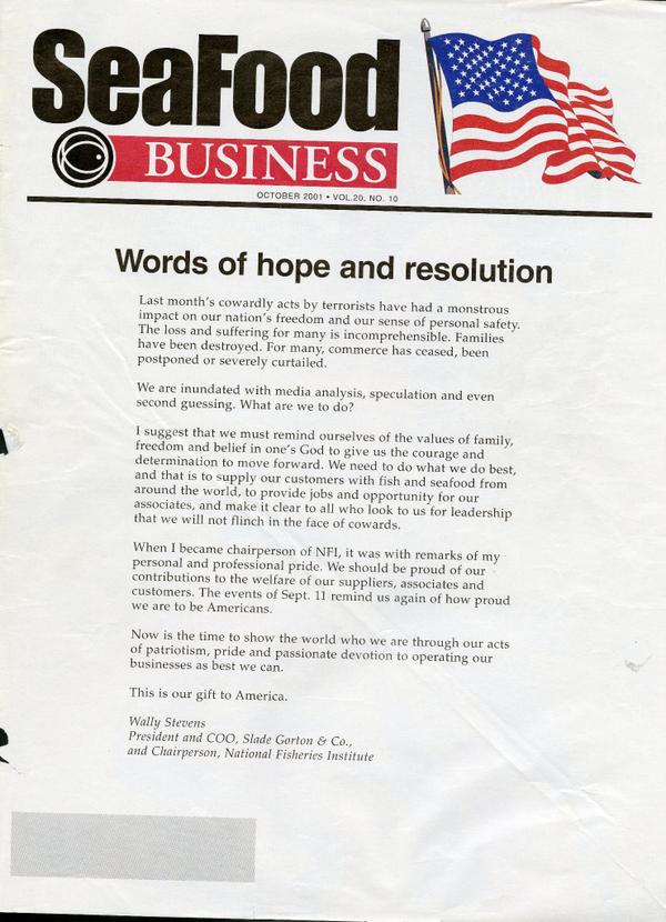 Words of wisdom, when we needed them, from Wally Stevens, post-9/11 #TBT @GAA_Aquaculture <a href="/SladeGorton/">Slade Gorton & Co.</a>