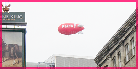 WeAreFetch's tweet photo. Thrilled to see the official Fetch party zeppelin now floating above the Queen of Hoxton... #Fetchis5 http://t.co/anRJVjVH5z